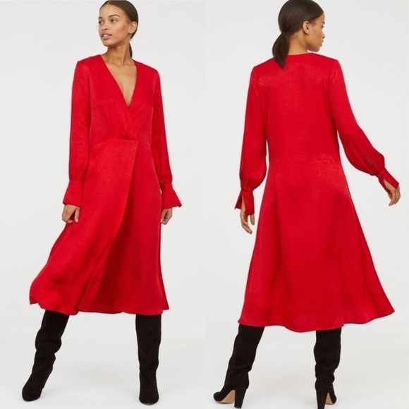 H&M Red Jacquard Weave Snake Faux Wrap Print Red‎ Long Dress Size 8 - Picture 6 of 15